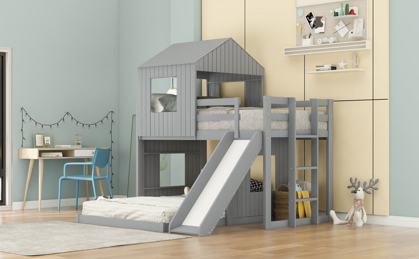 Wooden Twin Over Full Bunk Bed, Loft Bed with Playhouse, Farmhouse, Ladder, Slide and Guardrails . Gray(OLD SKU :LP000028AAN)