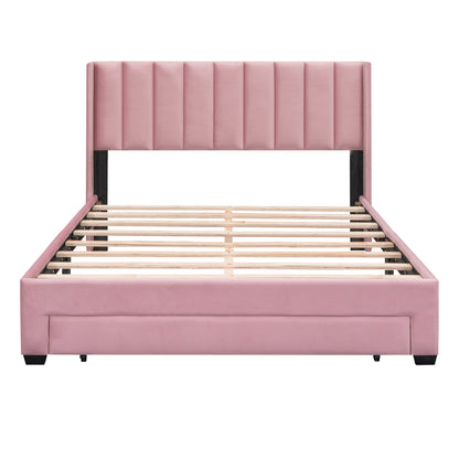 Queen Size Storage Bed Velvet Upholstered Platform Bed with a Big Drawer - Pink