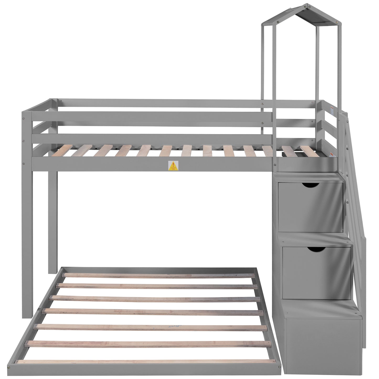 Twin over Full House Roof Bunk Bed with Staircase and Shelves, Gray