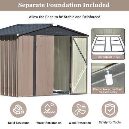 TOPMAX Patio 8ft x6ft Bike Shed Garden Shed, Metal Storage Shed with Lockable Doors, Tool Cabinet with Vents and Foundation Frame for Backyard, Lawn, Garden, Brown