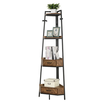 Corner Shelf with Two Drawers 72.64\'\' Tall, 4-tier Industrial Bookcase, Black