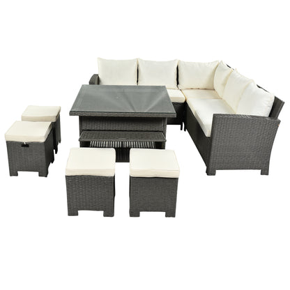 U_STYLE Patio Furniture Set, 8 Piece Outdoor Conversation Set, Dining Table Chair with Ottoman, Cushions