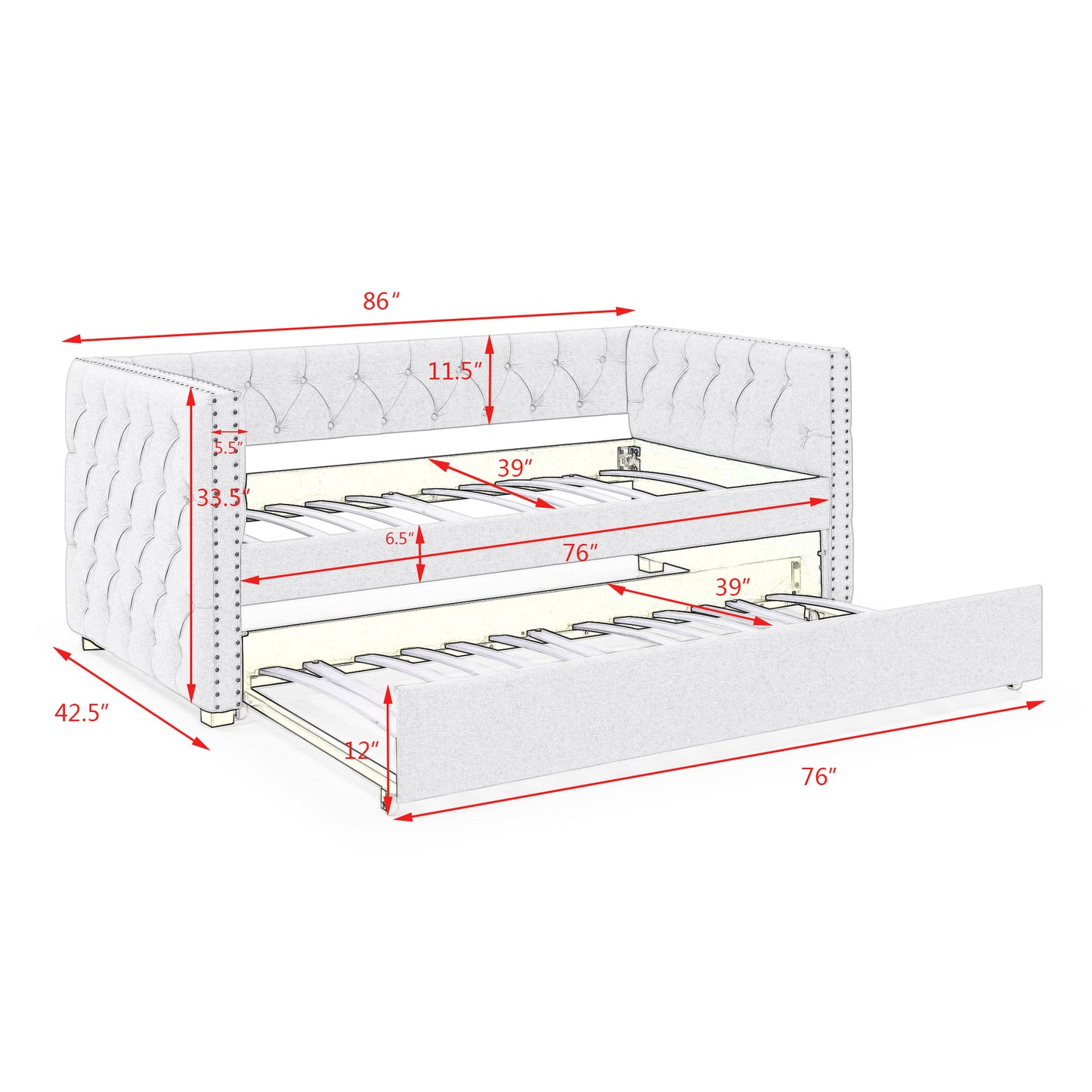 Daybed with Trundle Upholstered Tufted Sofa Bed, with Button and Copper Nail on Square Arms，both Twin Size, Beige（86“x42.5”x33.5“）