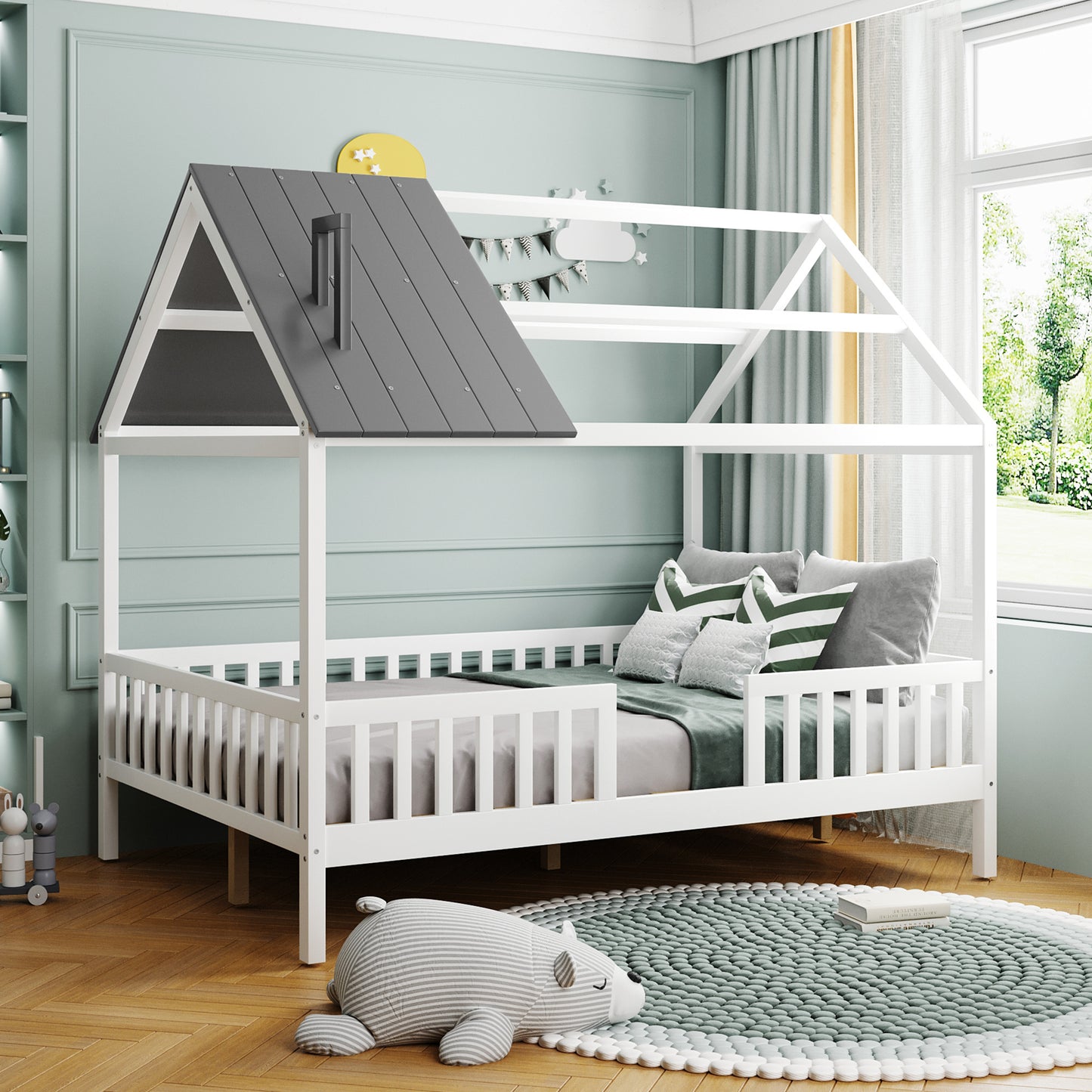 Full Size Wood House Bed with Fence, White+Gray