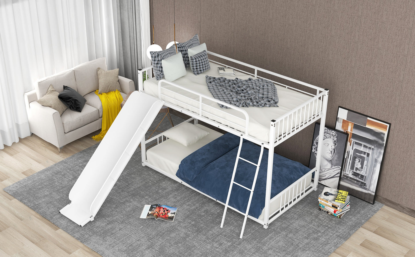 Metal Bunk Bed with Slide, Twin over Twin, White