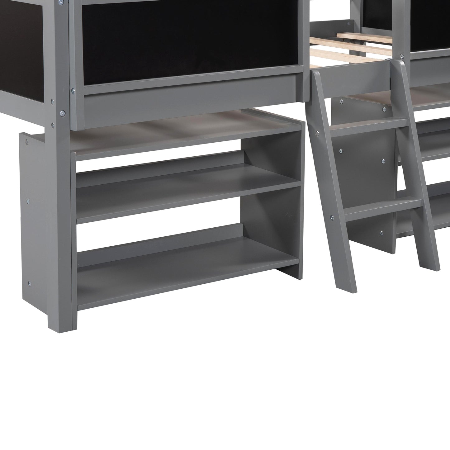 Twin Size Low Loft Bed with Two Movable Shelves and Ladder,with Decorative Guardrail Chalkboard,Gray