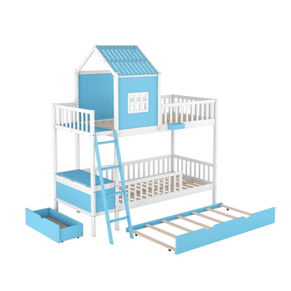 Twin over Twin Bunk Bed with Twin Size Trundle , Farmhouse Bed with Storage Box and Drawer - Blue