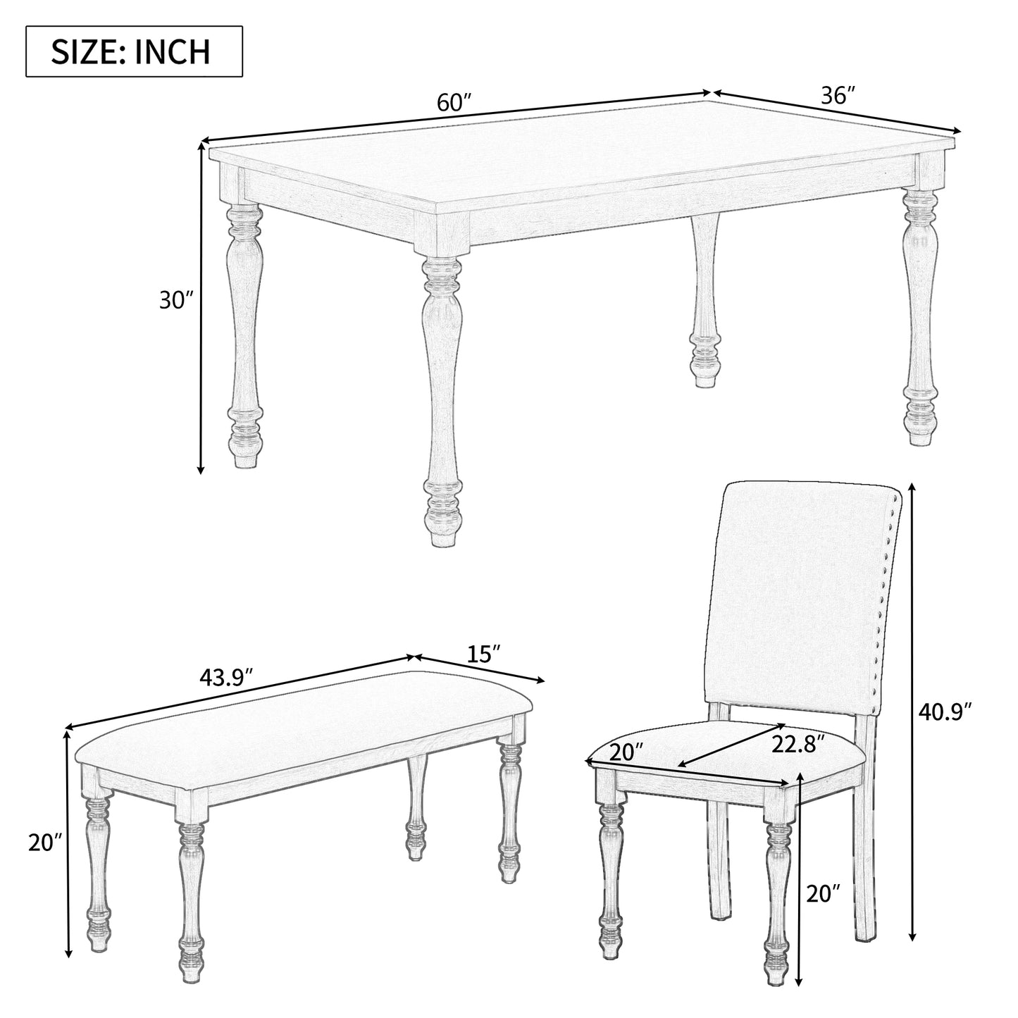 TREXM 6-Piece Wood Dining Table Set Rectangular Table with Turned Legs, 4 Upholstered Chairs and Bench for Dining Room (Espresso)