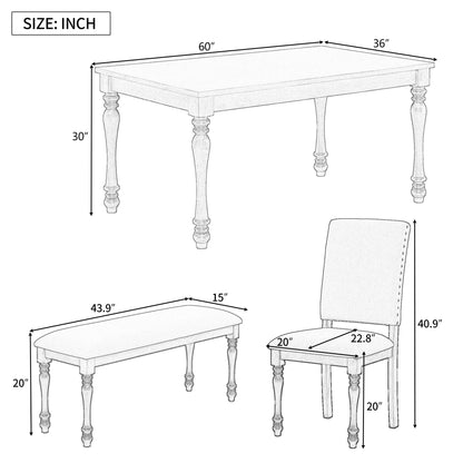 TREXM 6-Piece Wood Dining Table Set Rectangular Table with Turned Legs, 4 Upholstered Chairs and Bench for Dining Room (Espresso)