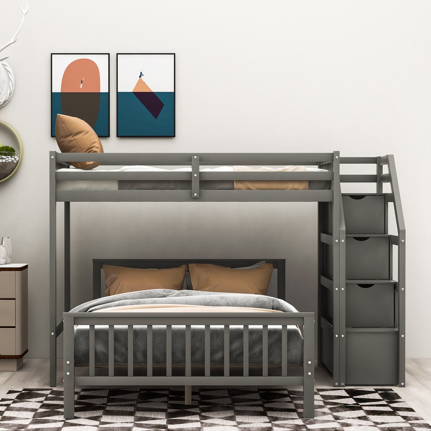 Twin over Full Loft Bed with Staircase,Gray(OLD SKU:SM000107AAE)