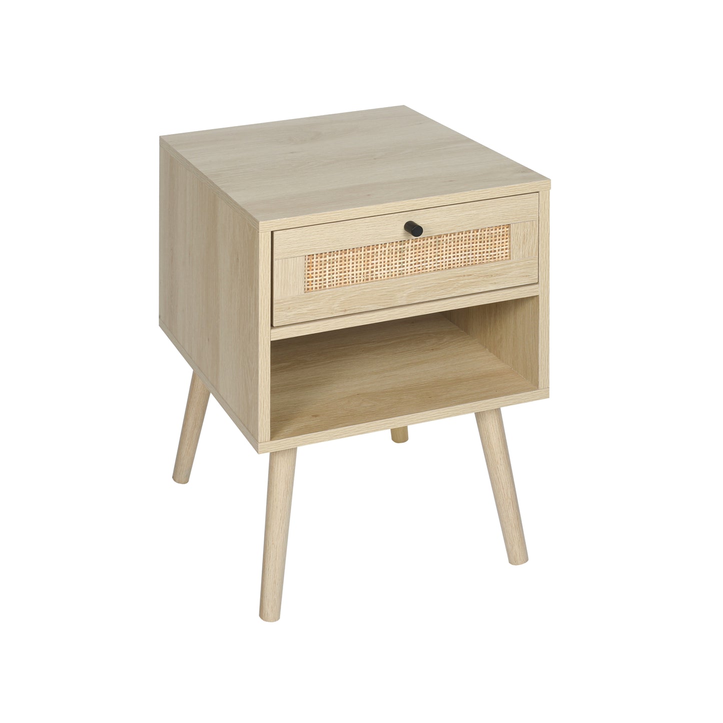 Rattan Nightstands with Rattan-Like Decor Drawer, End Tables with Solid Wood Legs, Side Tables with Open Storage, for Bedroom, Living Room