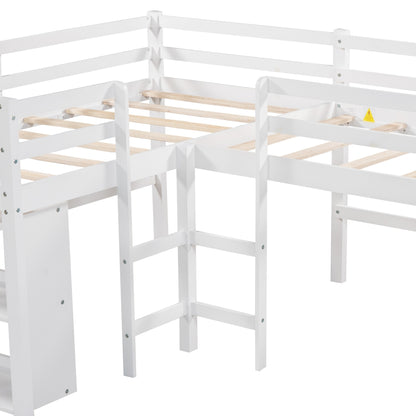 Twin Size L-Shaped Loft Bed with Movable Two-Tier Shelves and Slide,White