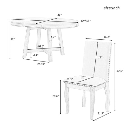 TREXM 5-Piece Farmhouse Dining Table Set Wood Round Extendable Dining Table and 4 Upholstered Dining Chairs (Espresso)