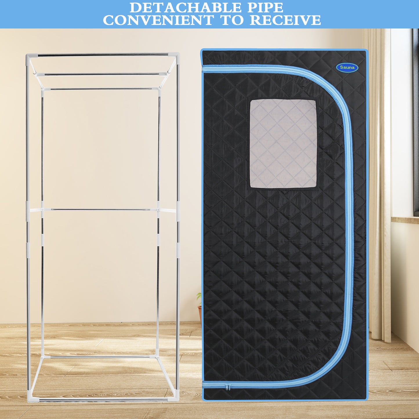 Portable Plus Type Full Size Far Infrared Sauna tent. Spa, Detox ,Therapy and Relaxation at home.Larger Space,Stainless Steel Pipes Connector Easy to Install.FCC Certification--Black(Blue binding)