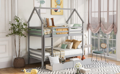 Twin over Twin House Bunk Bed with Two Drawers and Chimney Design,Gray