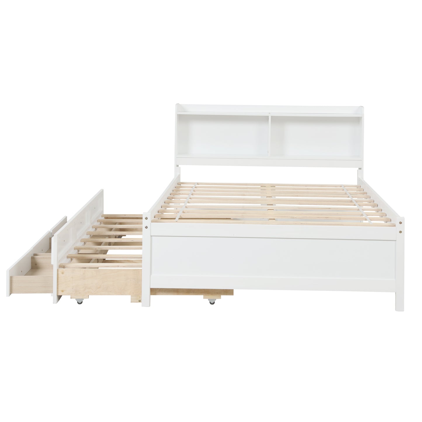 Full Bed with Bookcase,Twin Trundle,Drawers,White