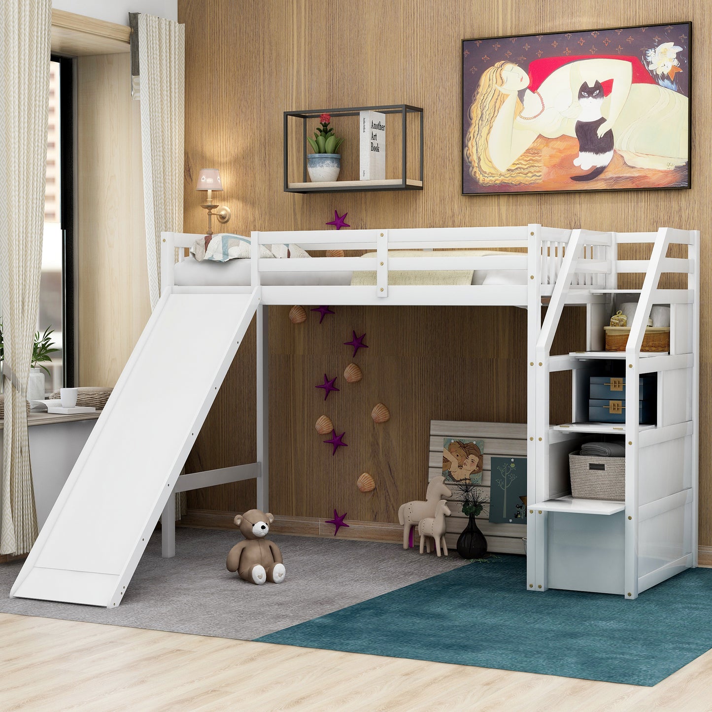 Twin Size Loft Bed with Storage and Slide, White