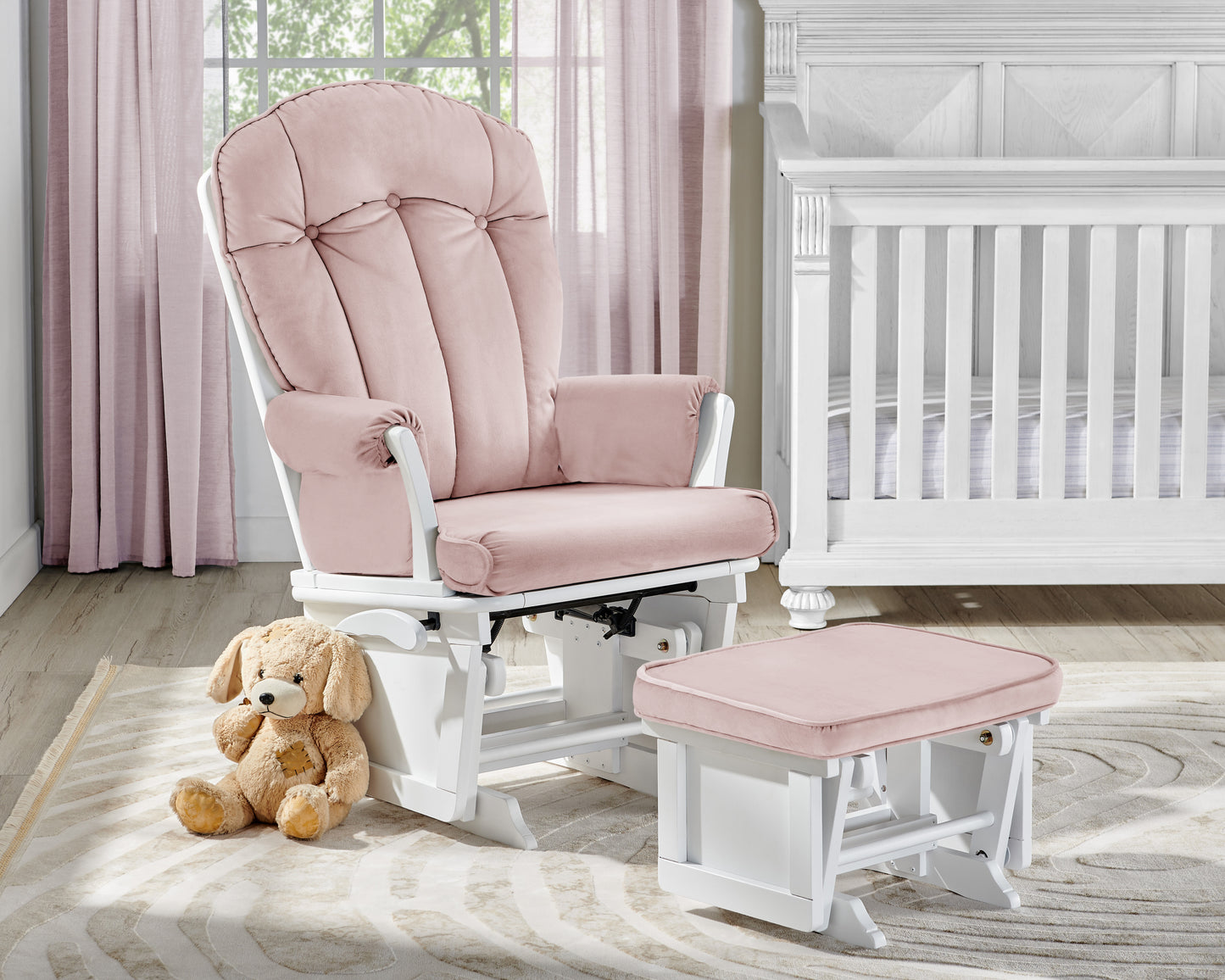 Victoria Glider and Ottoman White Wood and Pink Fabric