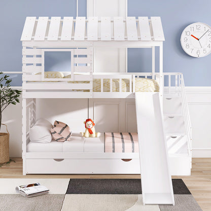 Twin over Twin House Bunk Bed with Trundle and Slide, Storage Staircase,Roof and Window Design, White