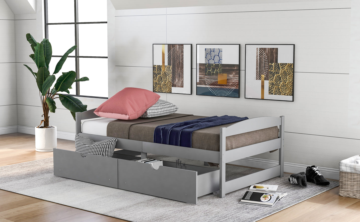 Twin size platform bed, with two drawers, gray （New）