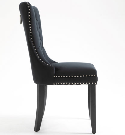 Upholstered Button Tufted Back Black Velvet Dining Chair with Nailhead Trim and Solid Wood Legs 2 Sets