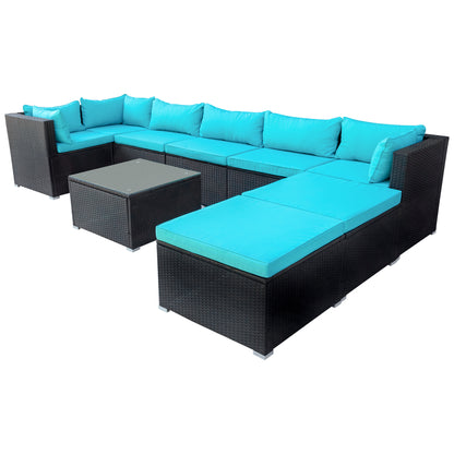 GO 9-piece Outdoor Patio PE Wicker Rattan conversation Sectional Sofa sets with 3 sofa, 3 corner sofa, 2 ottomans, and 1 glass coffee table, removable soft cushions (Black wicker, Blue cushion)