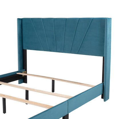 Queen Size Velvet Upholstered Platform Bed, Box Spring Needed - Blue