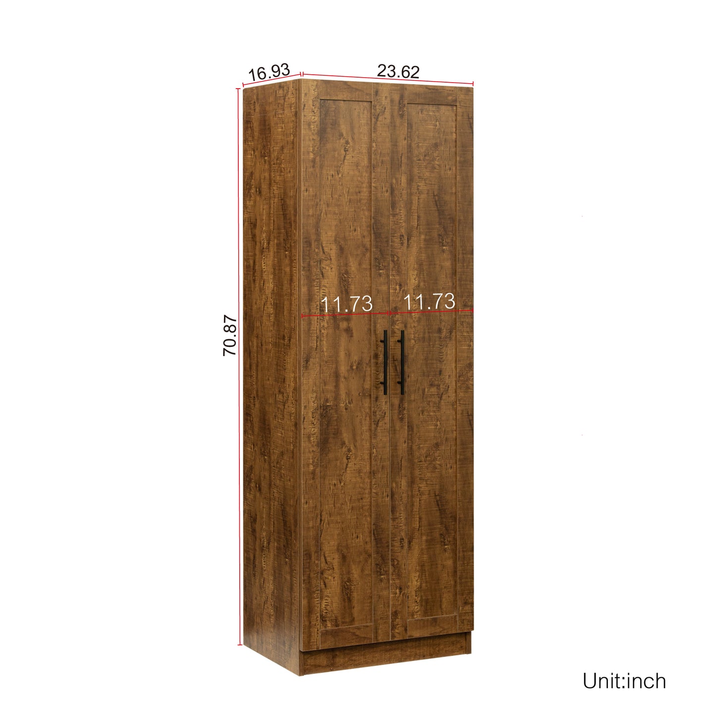 High wardrobe and kitchen cabinet with 2 doors and 3 partitions to separate 4 storage spaces, walnut