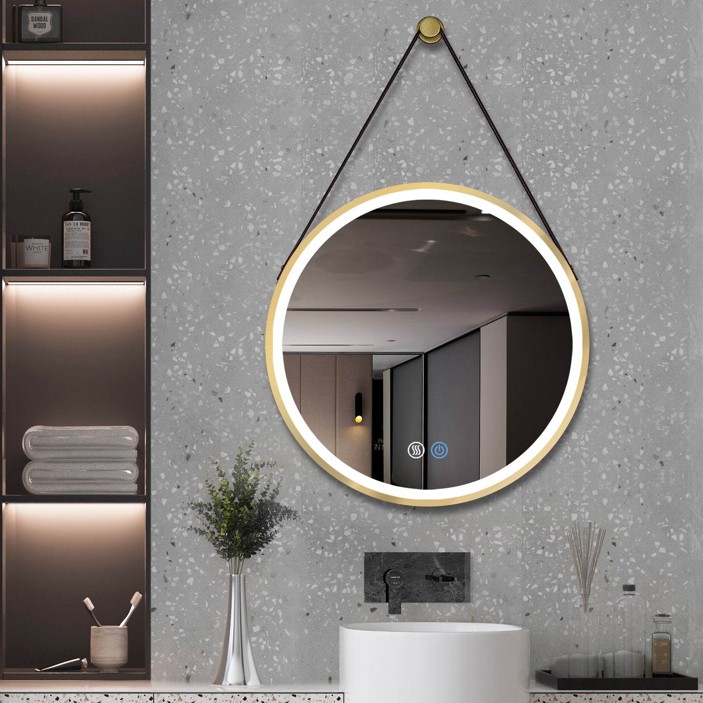 28 Inch Golden Round Frame with Lamp Hanging Bathroom Mirror