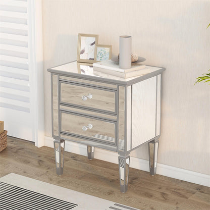 Elegant Mirrored Nightstand with 2 Drawers, Modern Silver Finished End Table Side Table for Living Room Bedroom