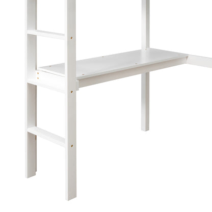 Twin Loft Bed with  built-in desk,White