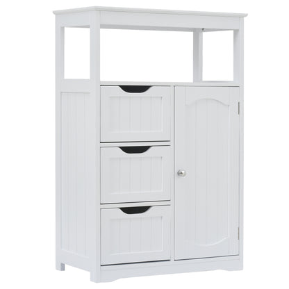 White Bathroom Cabinet, Freestanding Multi-Functional Storage Cabinet with Door and 3 Drawers, MDF Board with Painted Finish