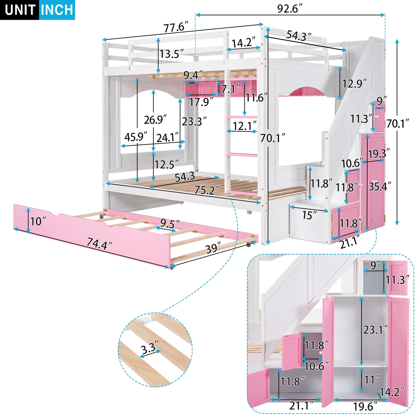 Full Over Full Bunk Bed with Trundle ,Stairs,Ladders Solid Wood Bunk bed with Storage Cabinet （White + Pink）