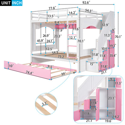 Full Over Full Bunk Bed with Trundle ,Stairs,Ladders Solid Wood Bunk bed with Storage Cabinet （White + Pink）