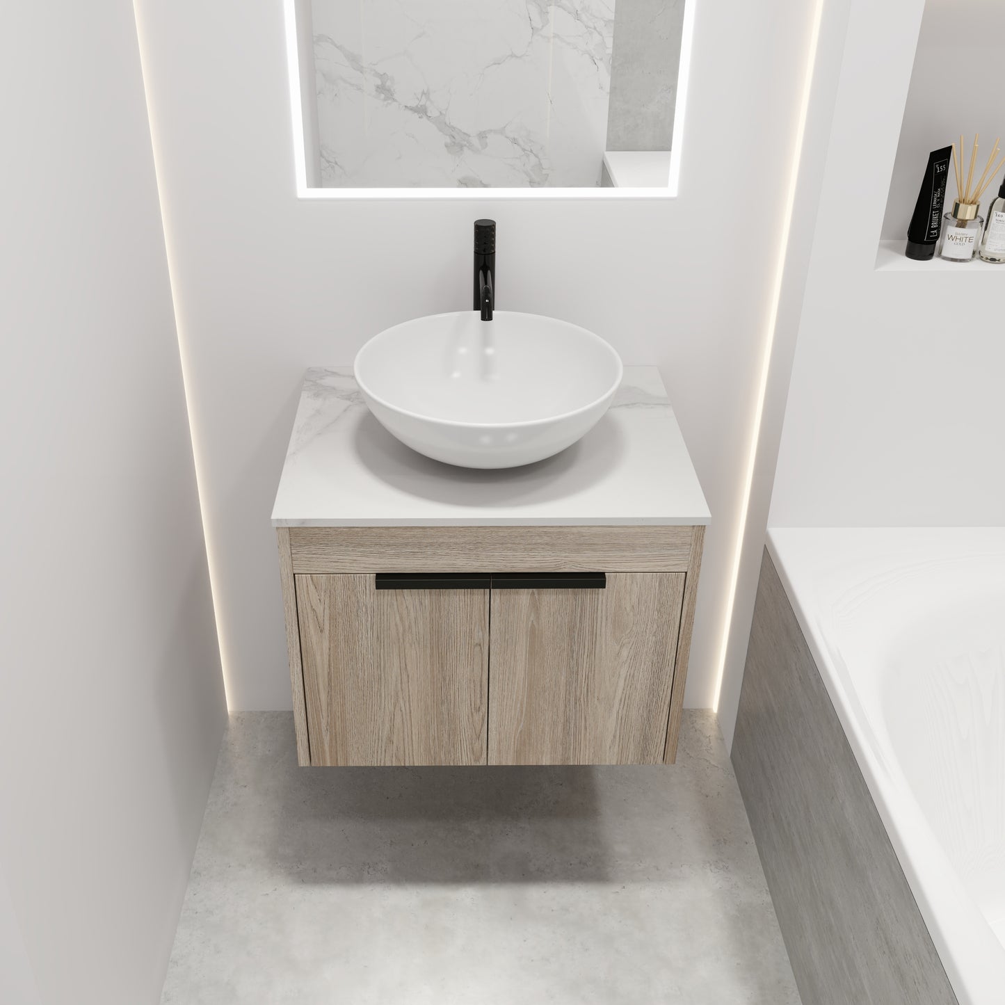24 " Modern Design Float Bathroom Vanity With Ceramic Basin Set,  Wall Mounted White Oak Vanity  With Soft Close Door,KD-Packing，KD-Packing，2 Pieces Parcel（TOP-BAB321MOWH）