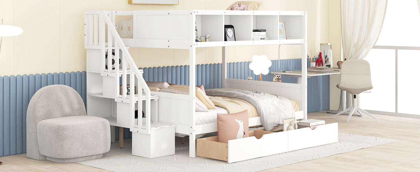 Twin over Full Bunk Bed with Shelfs, Storage Staircase and 2 Drawers, White