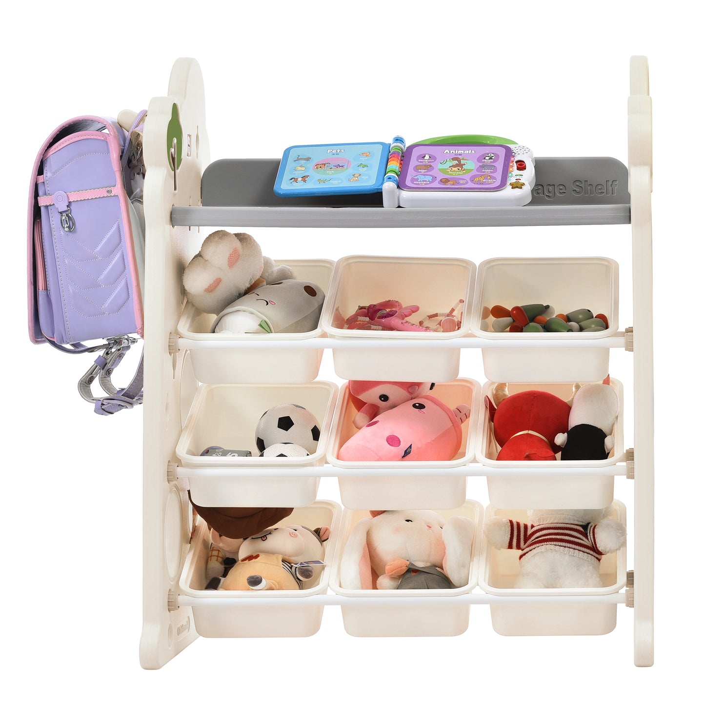 Kids Bookshelf Toy Storage Organizer with 12 Bins and 4 Bookshelves, Multi-functional Nursery Organizer Kids Furniture Set Toy Storage Cabinet Unit with HDPE Shelf and Bins