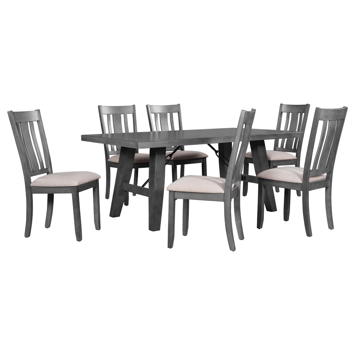 TREXM 7-Piece Dining Room Set - 72" Industrial Style Rectangular Table with Chain Bracket and 6 Dining Chairs (Gray)