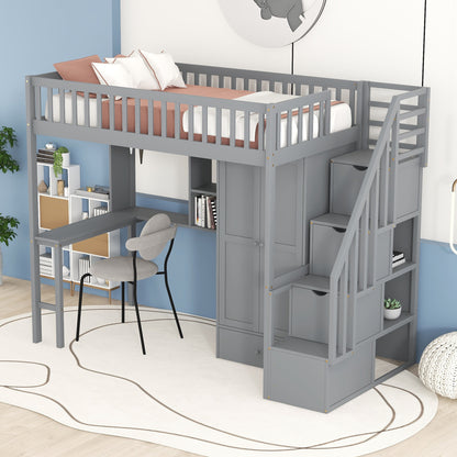 Twin size Loft Bed with Bookshelf,Drawers,Desk,and Wardrobe-Gray