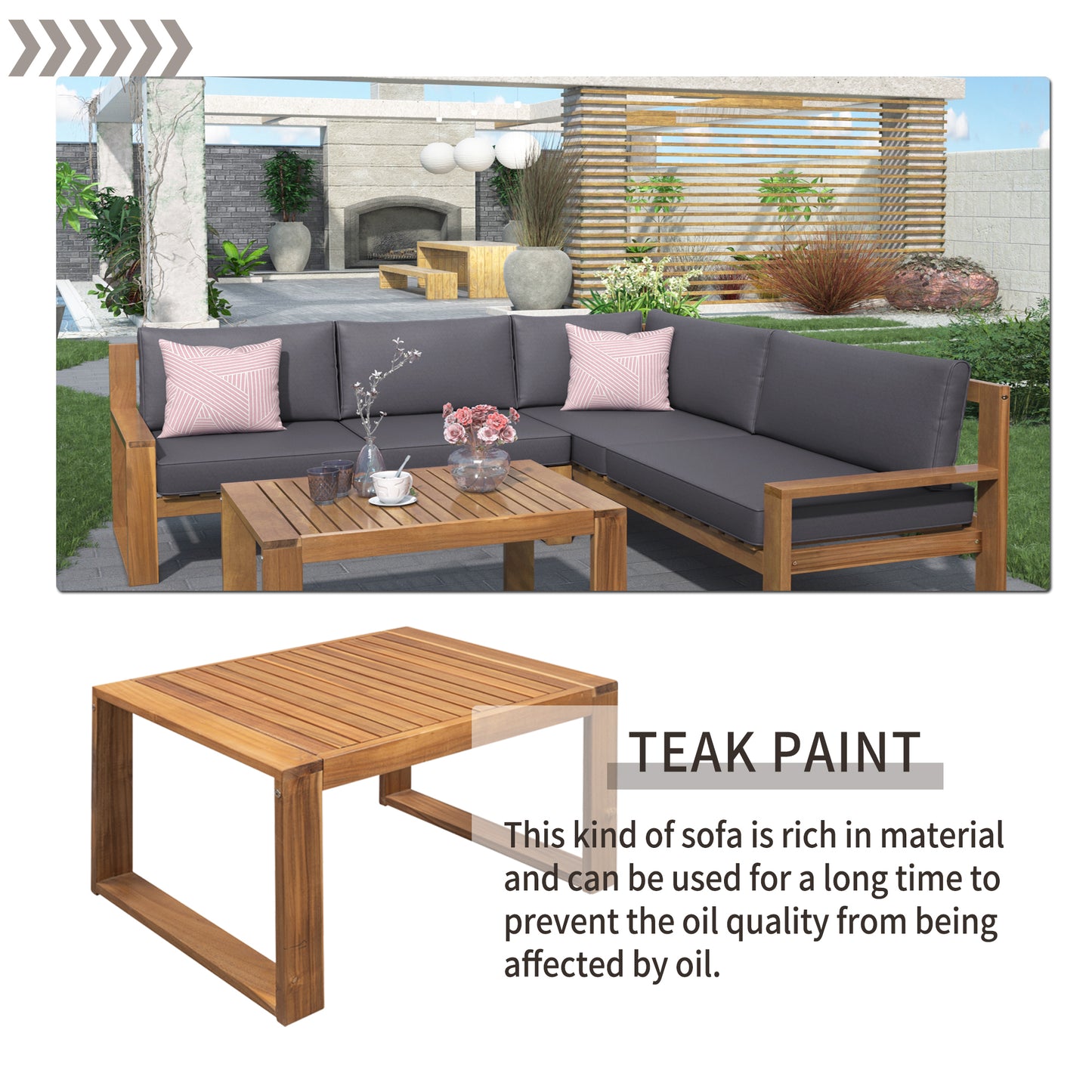 U_STYLE 3-Piece Patio Sectional Set  Acacia  Wood and Grey Cushions  Ideal for Outdoors and Indoors