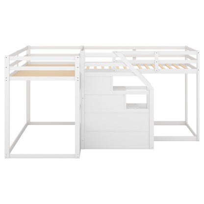 Twin over Twin L-Shaped Bunk Bed with Built-in Middle Staircase,White