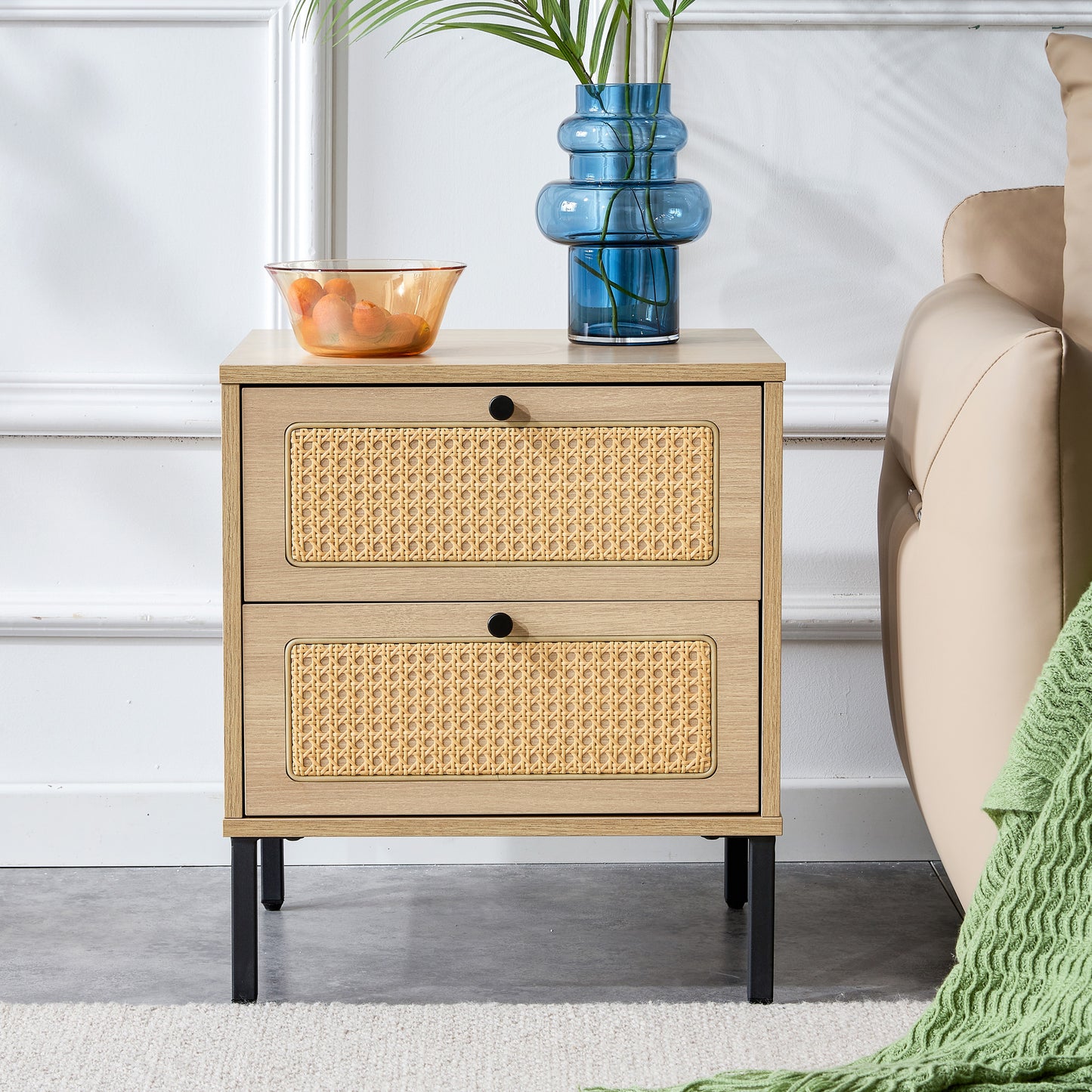 Modern simple storage cabinet MDF Board bedside cabinet Japanese rattan bedside cabinet Small household furniture bedside table.Applicable to dressing table in bedroom, porch, living room.2 Drawers