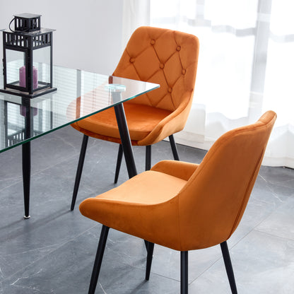 Kitchen Dining Room Metal legs Glass Table Set with 4 pcs orange velvet fabric dining chairs