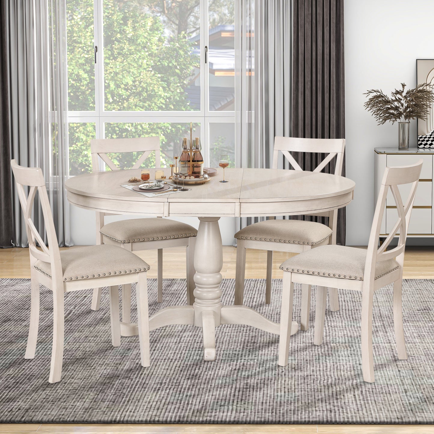 Modern Dining Table Set for 4,Round Table and 4 Kitchen Room Chairs,5 Piece Kitchen Table Set for Dining Room,Dinette,Breakfast Nook,Antique White