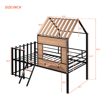 Metal Twin size Loft Bed with Roof, Window, Guardrail, Ladder Black