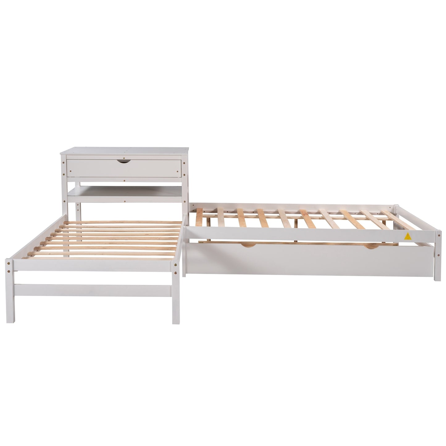 L-Shaped Full Size and Twin Size Platform Beds with Twin Size Trundle and Drawer Linked with Built-in Rectangle Table,White