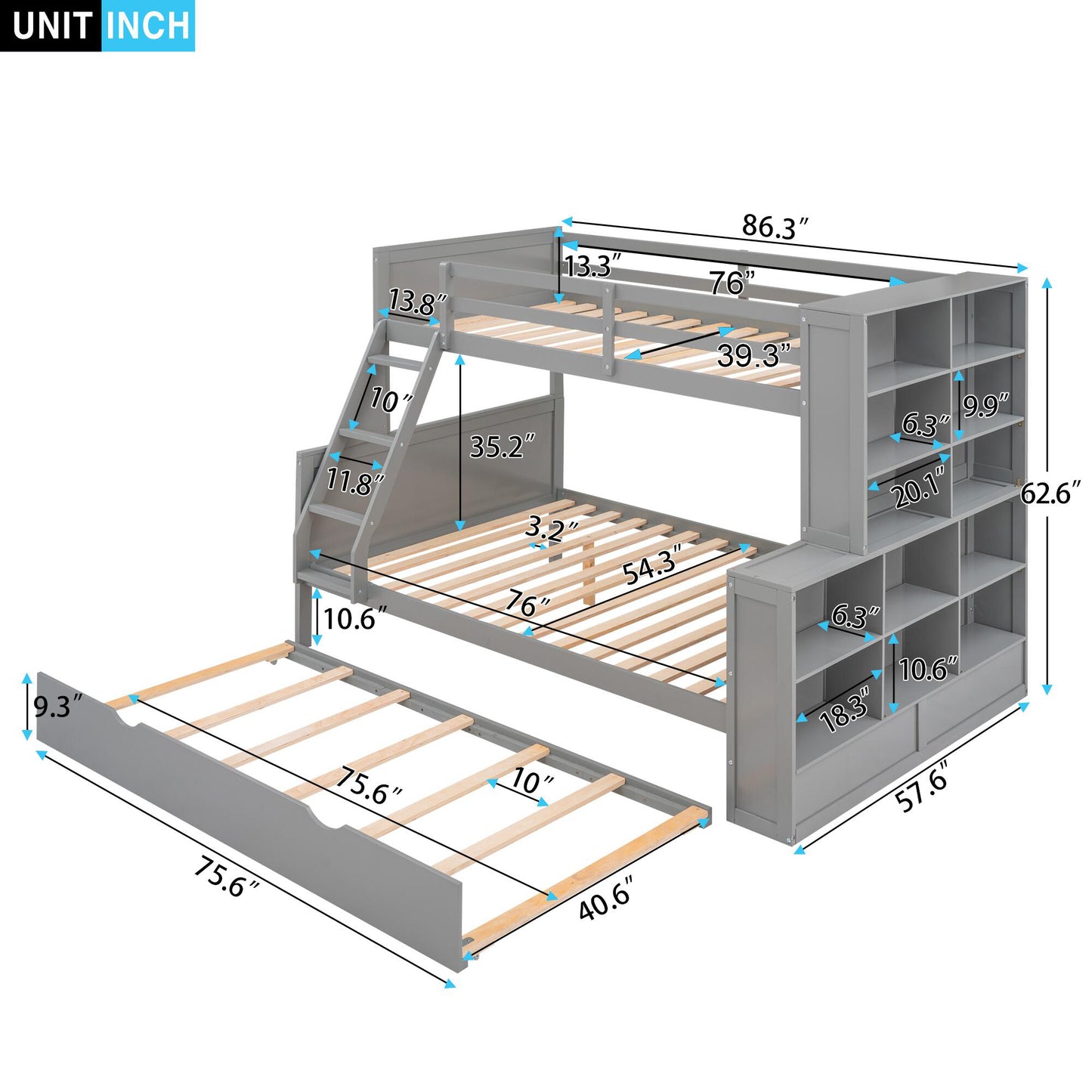 Twin over Full Bunk Bed with Trundle and Shelves, can be Separated into Three Separate Platform Beds, Gray