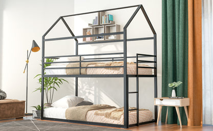 Bunk Beds for Kids Twin over Twin,House Bunk Bed Metal Bed Frame Built-in Ladder,No Box Spring Needed Black