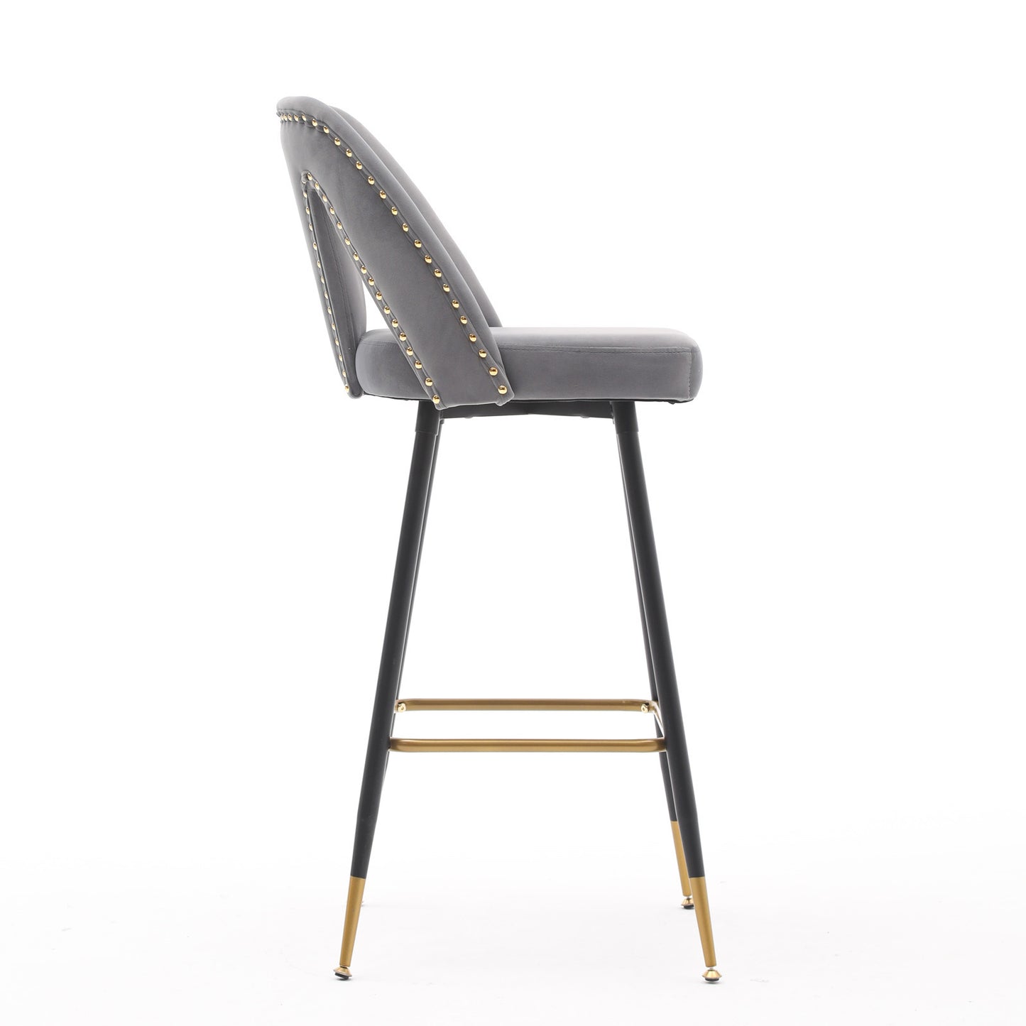 A&A Furniture,Akoya Collection Modern | Contemporary Velvet Upholstered Connor 28" Bar Stool & Counter Stools with Nailheads and Gold Tipped Black Metal Legs,Set of 2 (Gray)