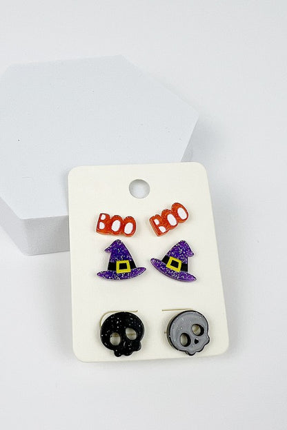 3 SET HALLOWEEN SKULL HAT ACRYLIC STUD EARRINGS